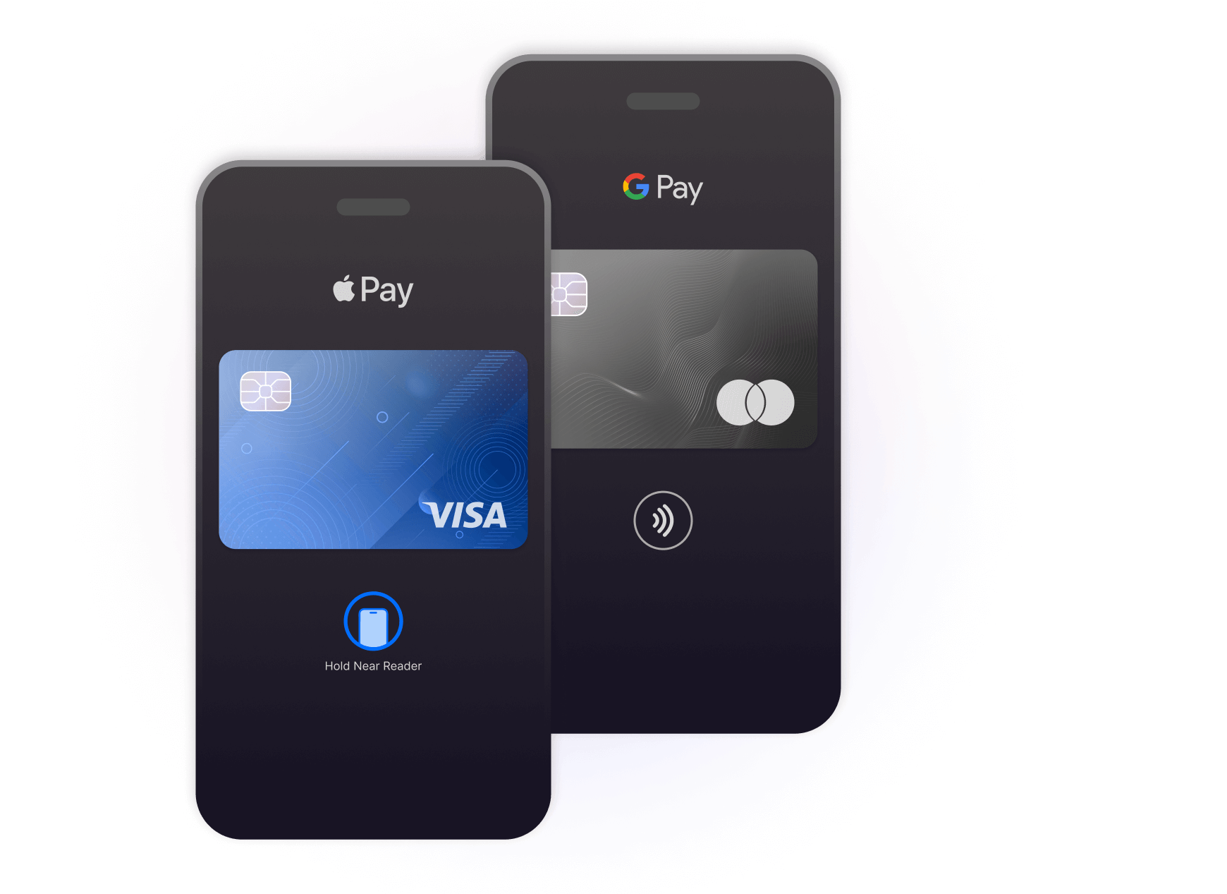 Mobile phones displaying Visa and Mastercard virtual cards for Apple Pay and Google Pay, with contactless payment symbols